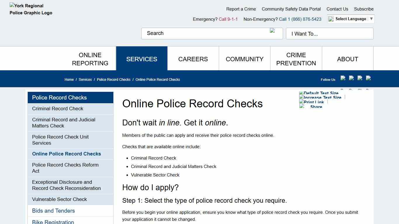 Online Police Record Checks - York Regional Police